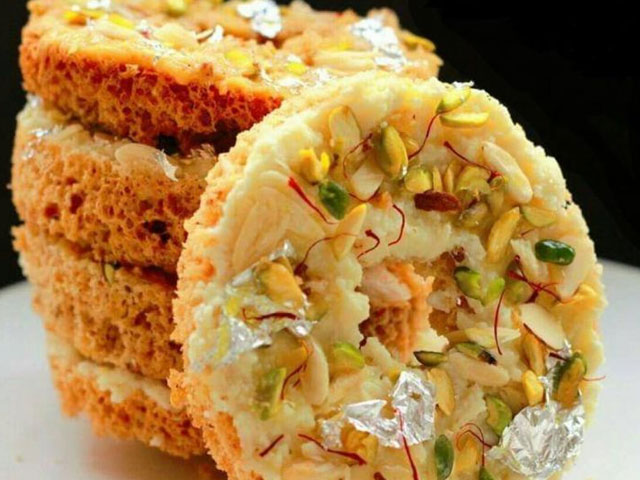 Ghevar is a North Indian cuisine sweet traditionally associated with the Teej Festival. 